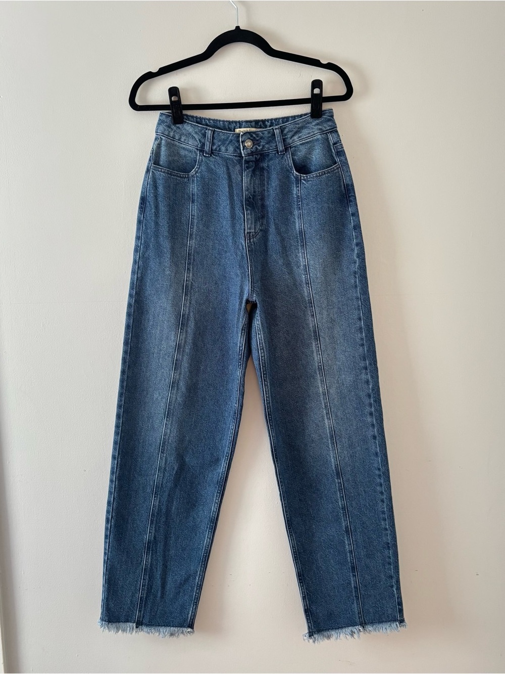 The New Society Seattle Jeans Wider Cut Back Yoke Cutouts Frayed Raw Hem Blue